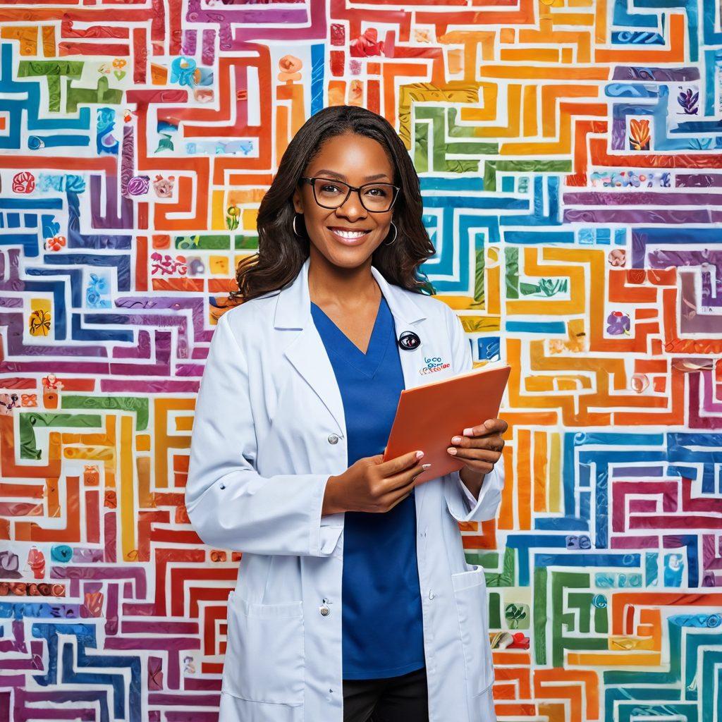 A caring healthcare professional guiding a diverse group of patients through a colorful maze of therapeutic options, symbolizing choice and support. Each patient holds symbolic elements representing their unique journey—books for knowledge, flowers for hope, and tools for empowerment. The background features vibrant support systems like community centers and online resources. Emphasize warm lighting and a sense of teamwork and optimism. super-realistic. vibrant colors. white background.