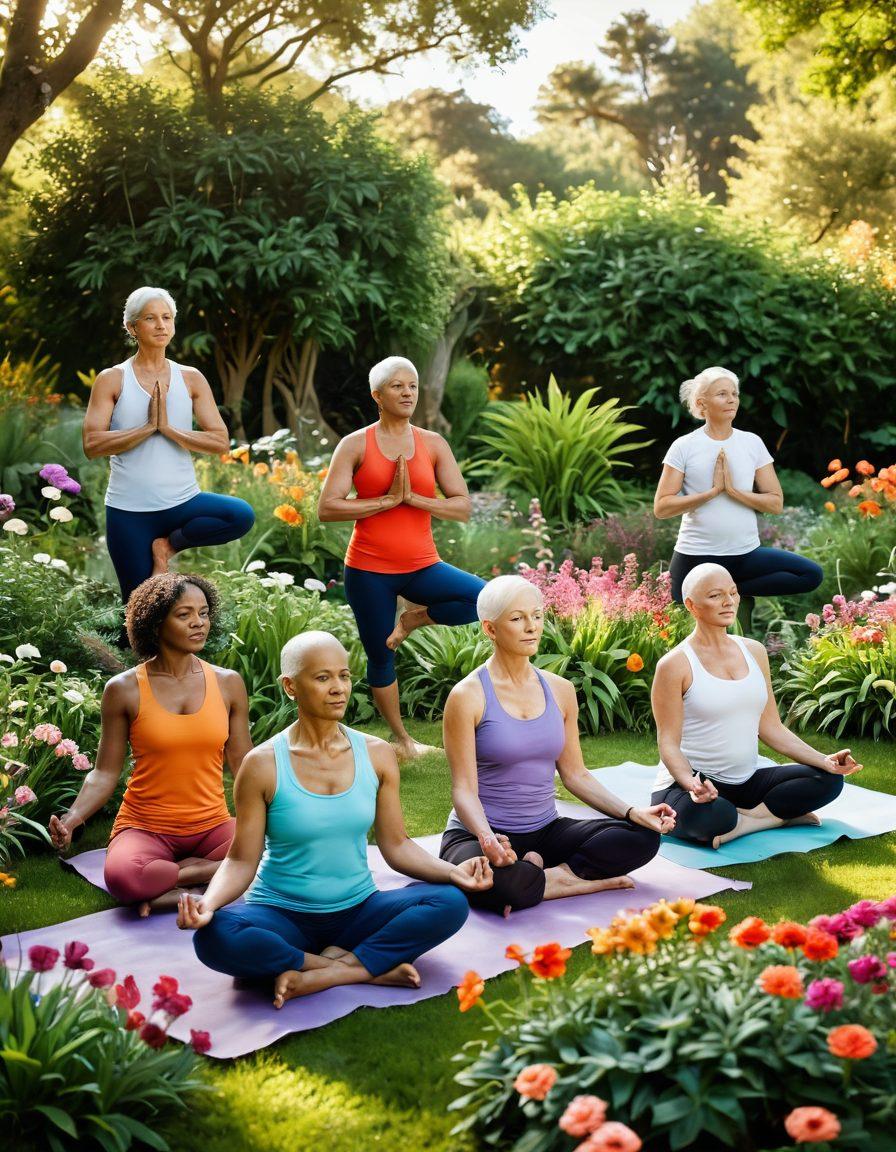 A serene scene depicting a diverse group of cancer survivors in a lush garden, engaging in holistic wellness activities like yoga and meditation. Surround them with vibrant flowers symbolizing hope and strength, while showcasing advanced medical equipment subtly in the background. The warm sunlight casts an uplifting glow, highlighting the connection between nature and healing. super-realistic. vibrant colors. peaceful atmosphere.