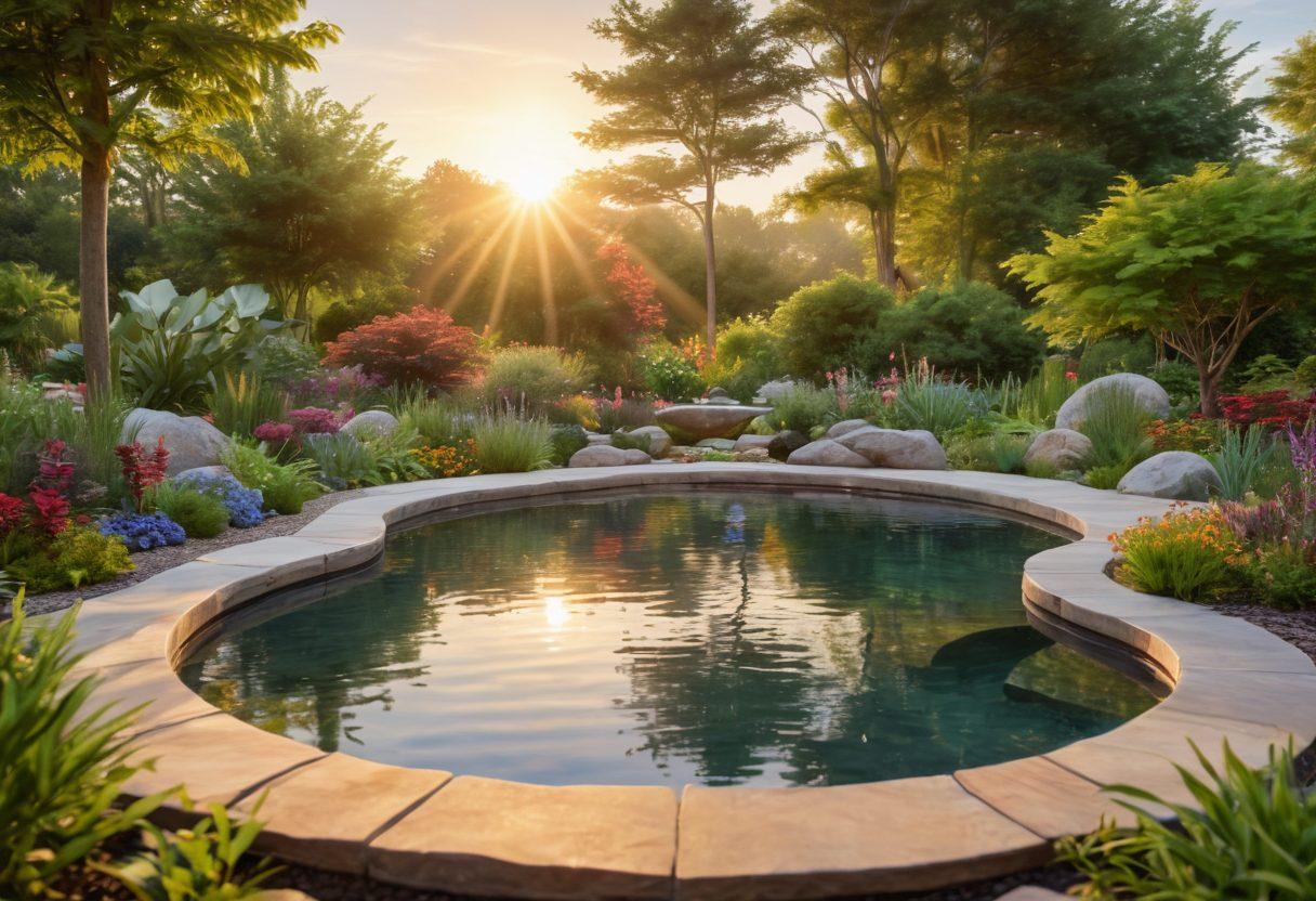 A serene landscape featuring a vibrant healing garden with diverse plants, a calm water feature, and people practicing yoga and meditative activities. In the background, a sunrise symbolizes hope and renewal. Incorporate elements of wellness tools like herbal teas and essential oils. The overall atmosphere should convey tranquility and holistic healing. super-realistic. vibrant colors. soft light.